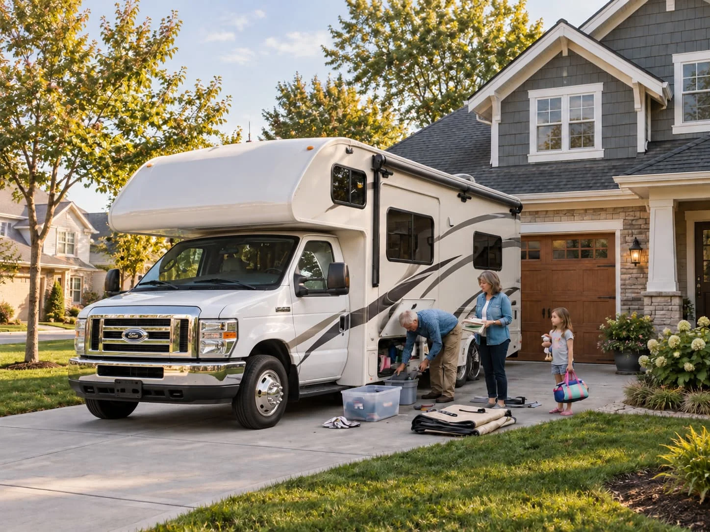 Family unloading camping gear from a small motorhome parked in a driveway