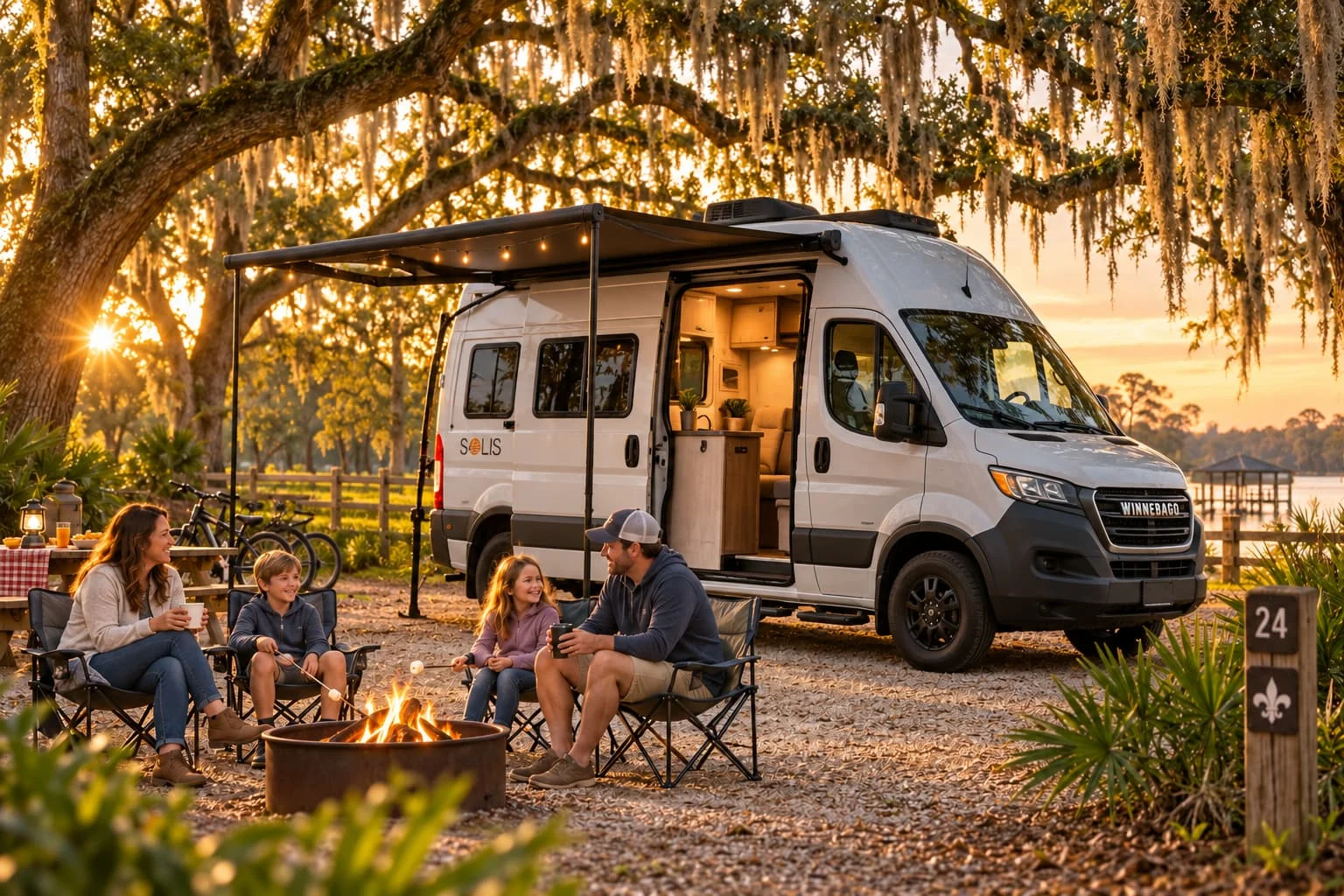 Family sitting around a campfire beside a camper van at a wooded campsite