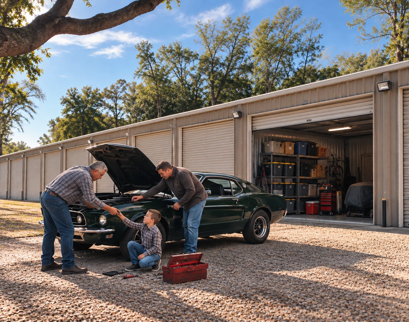 Three people working on a classic green muscle car outside an open storage unit
