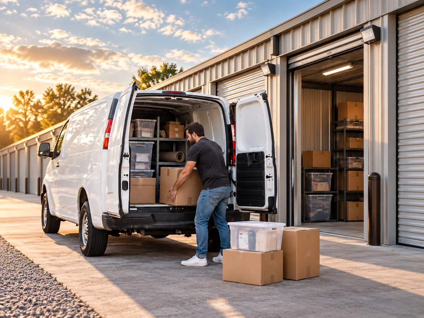 Man unloading boxes from a white van into an open storage unit