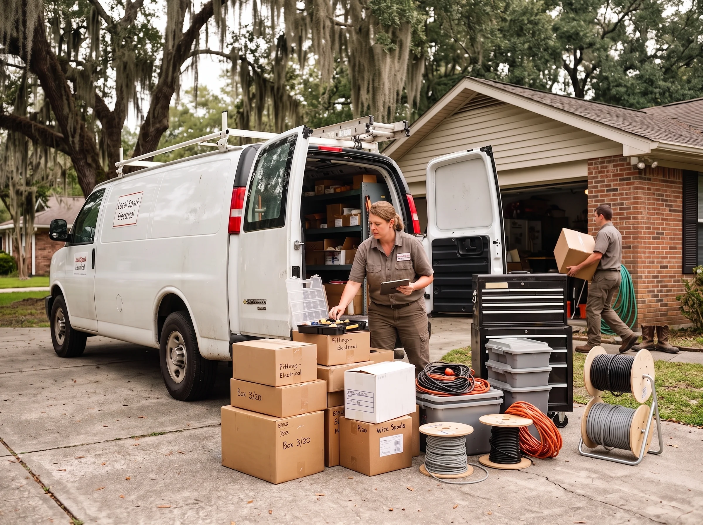 Two people unloading boxes, tools and cable reels from a white work van