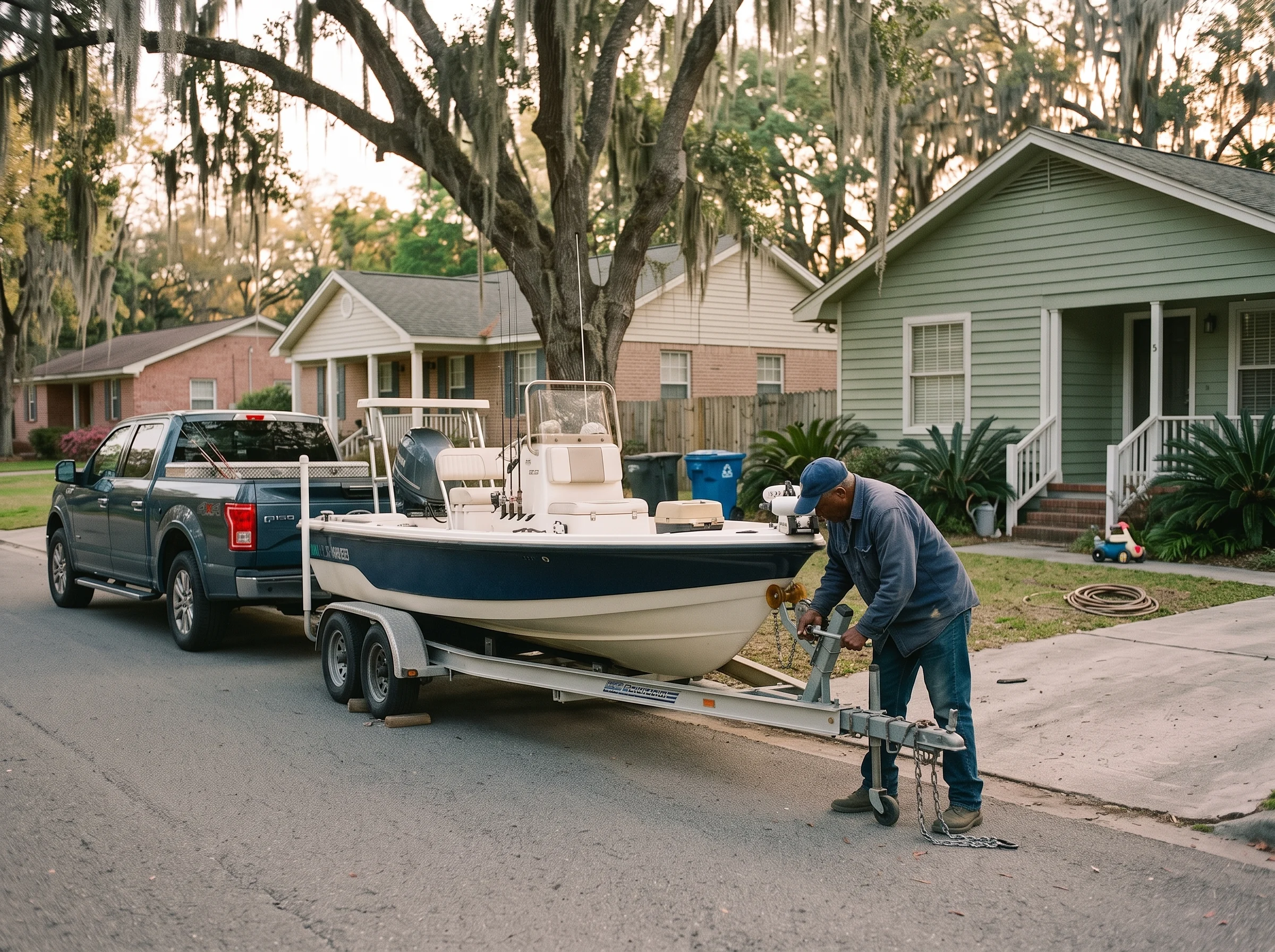 Man hitching a fishing boat on a trailer to a pickup truck on a residential street